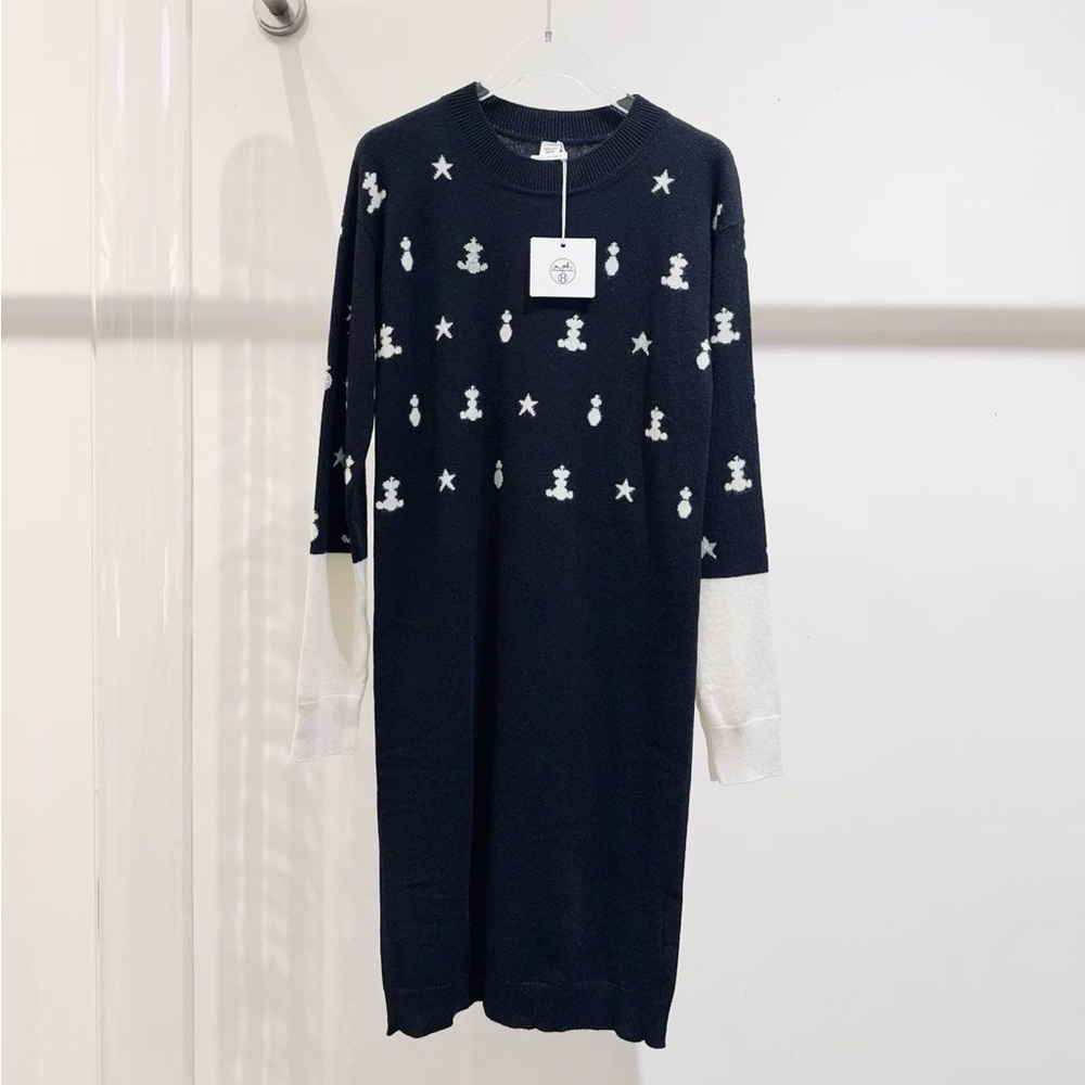 🚩steal Authentic Hermes Black and White Star Patterned Sweater Dress